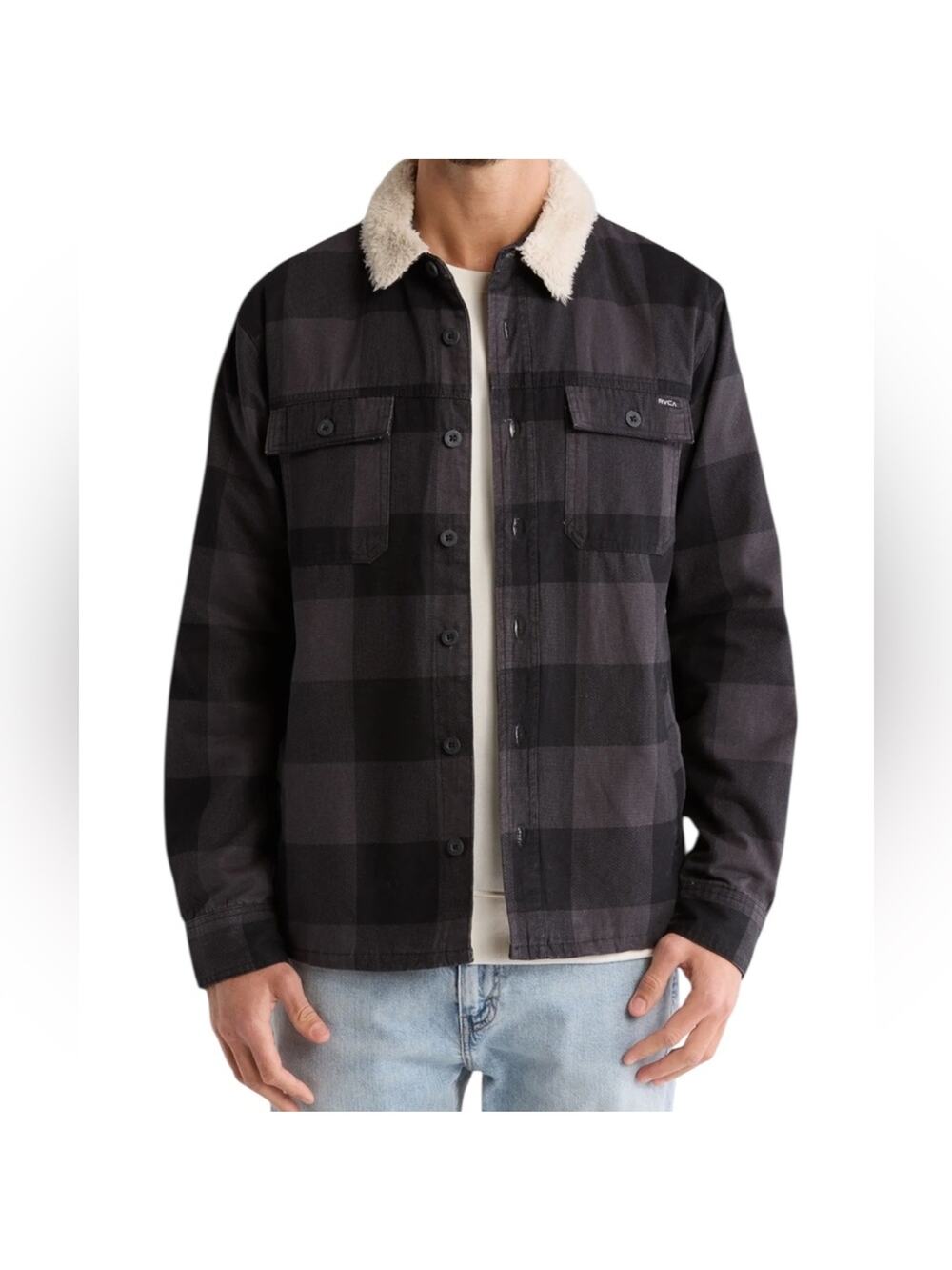 Men’s RVCA Range Faux Shearling Collar Plaid Shirt/Jacket – Sz Med